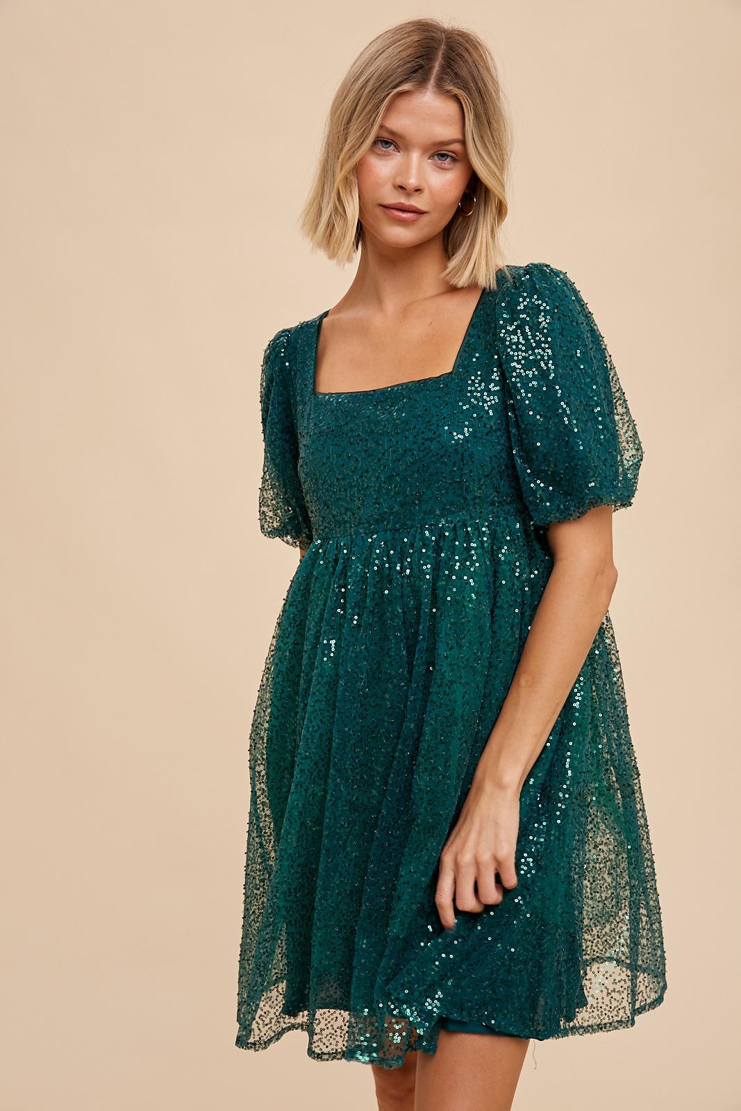 Forest Green Sequin Pearl Embellished Square Neck Babydoll Dress PinkBlush Forest Green Sequin Pearl Embellished Square Neck Babydoll Dress PinkBlush