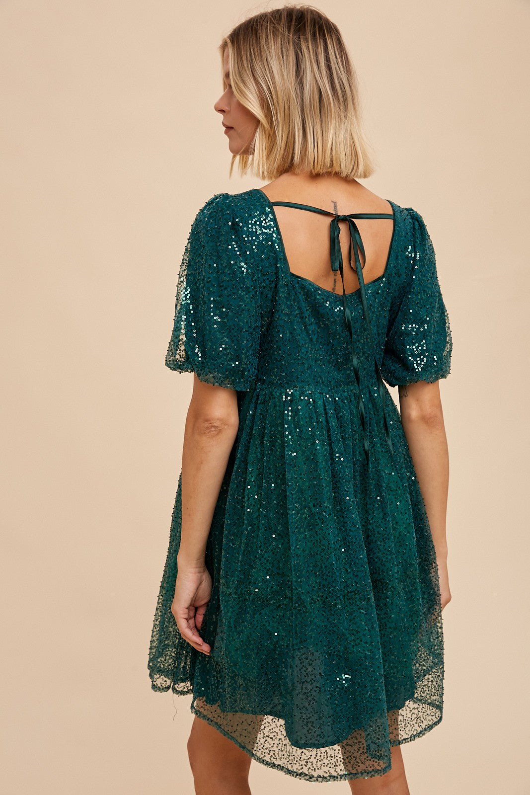 Forest Green Sequin Pearl Embellished Square Neck Babydoll Dress