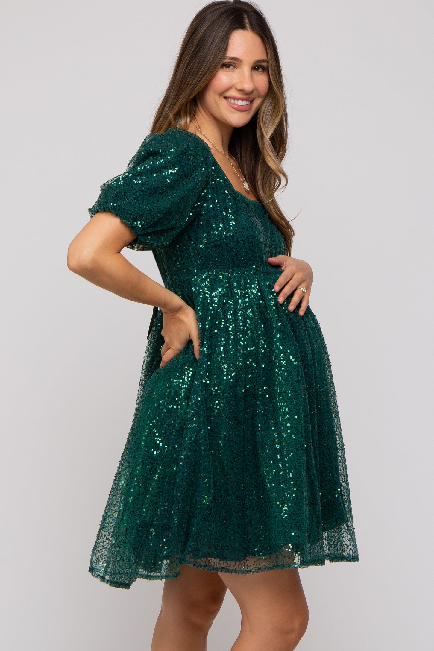 Forest Green Sequin Pearl Embellished Square Neck Babydoll Maternity D PinkBlush Forest Green Sequin Pearl Embellished Square Neck Babydoll Maternity D PinkBlush