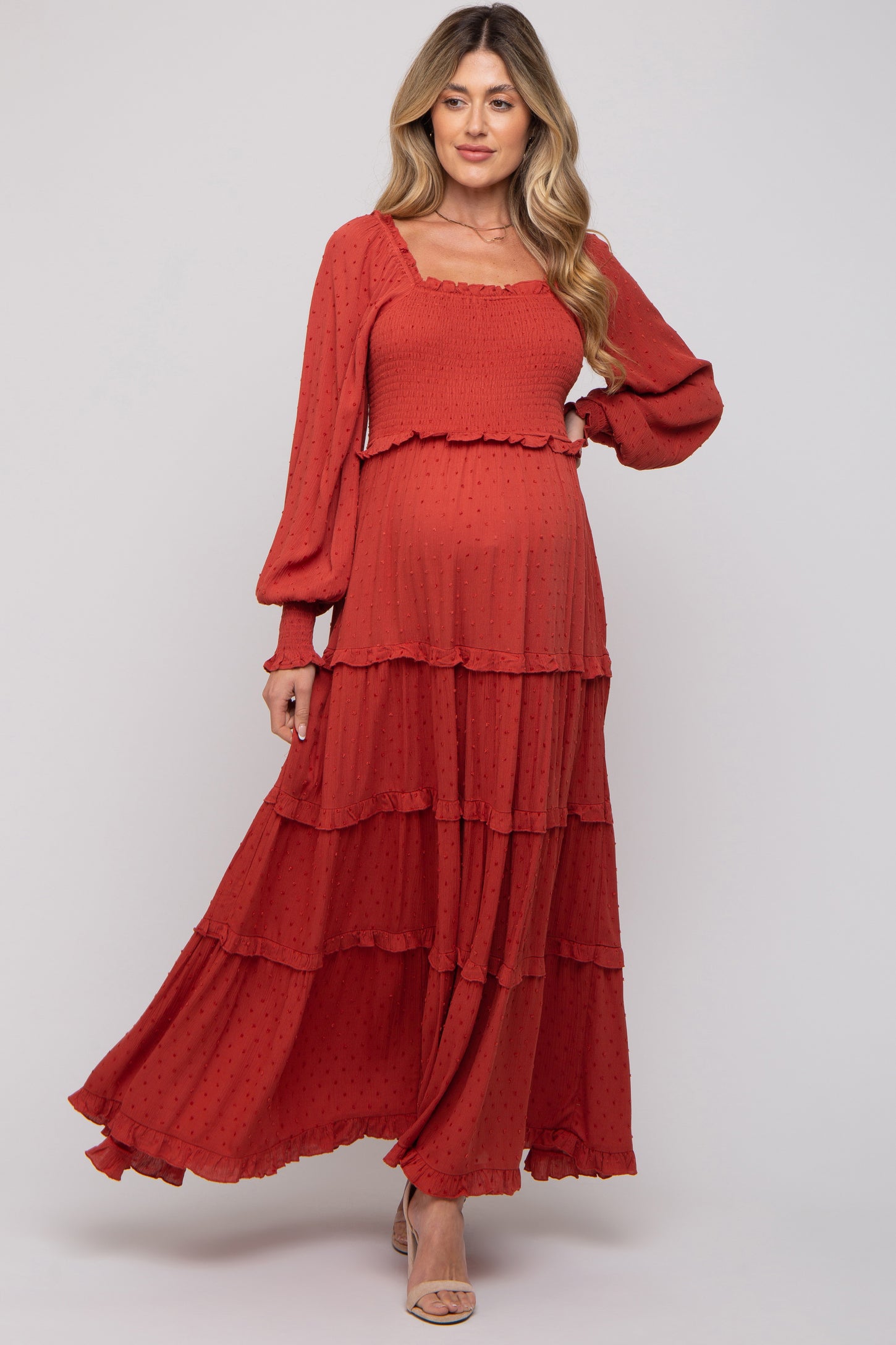 Rust Swiss Dot Ruffle Accent Tiered Maternity Maxi Dress