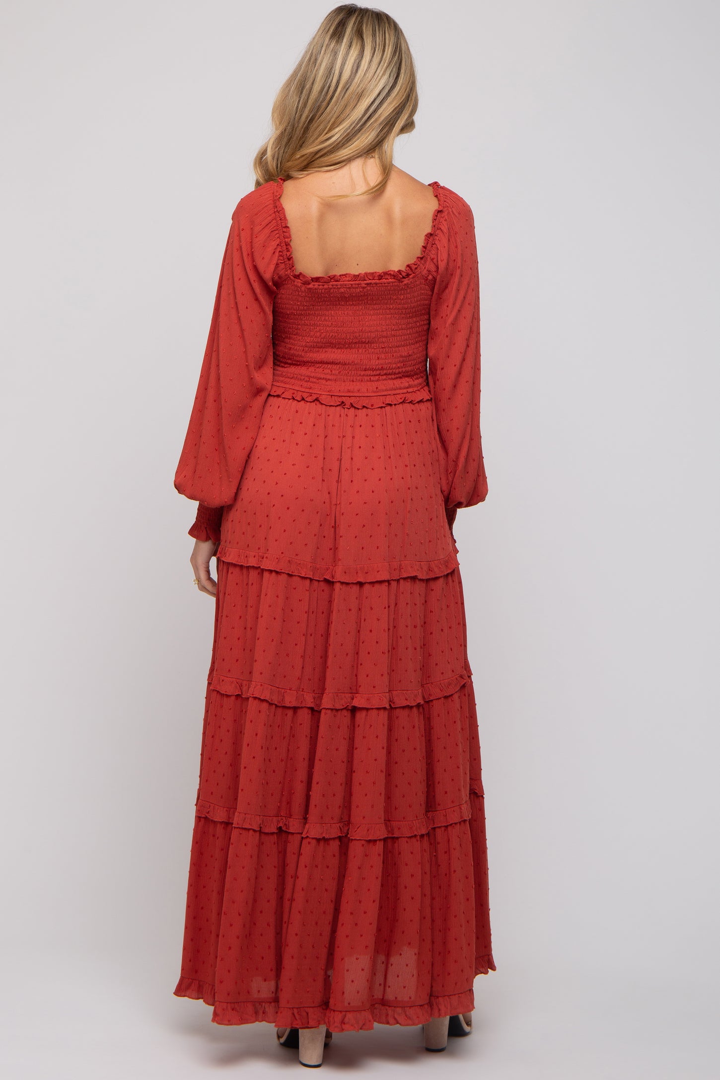 Rust Swiss Dot Ruffle Accent Tiered Maternity Maxi Dress