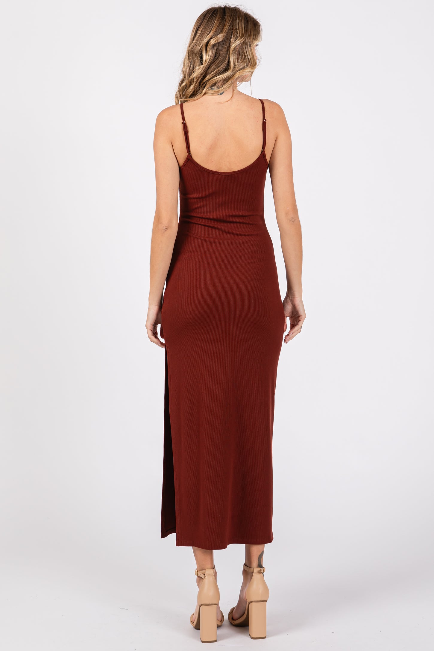 Rust Ribbed Sleeveless Side Slit Dress