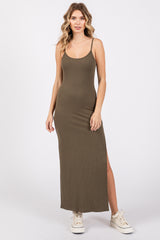 Olive Ribbed Sleeveless Side Slit Maternity Dress