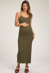 Olive Ribbed Sleeveless Side Slit Maternity Dress