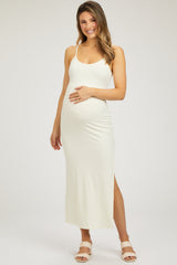 Ivory Ribbed Sleeveless Side Slit Maternity Dress