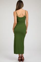 Green Ribbed Sleeveless Side Slit Maternity Dress