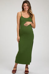 Green Ribbed Sleeveless Side Slit Maternity Dress