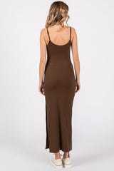 Brown Ribbed Sleeveless Side Slit Dress
