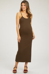 Brown Ribbed Sleeveless Side Slit Maternity Dress