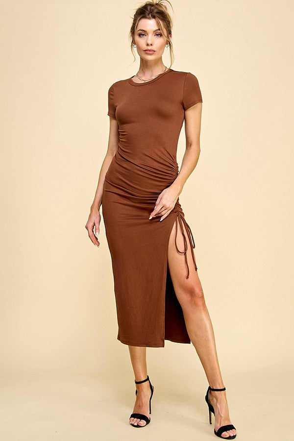 Chocolate Front Side Open Tie Ruching Maxi Dress