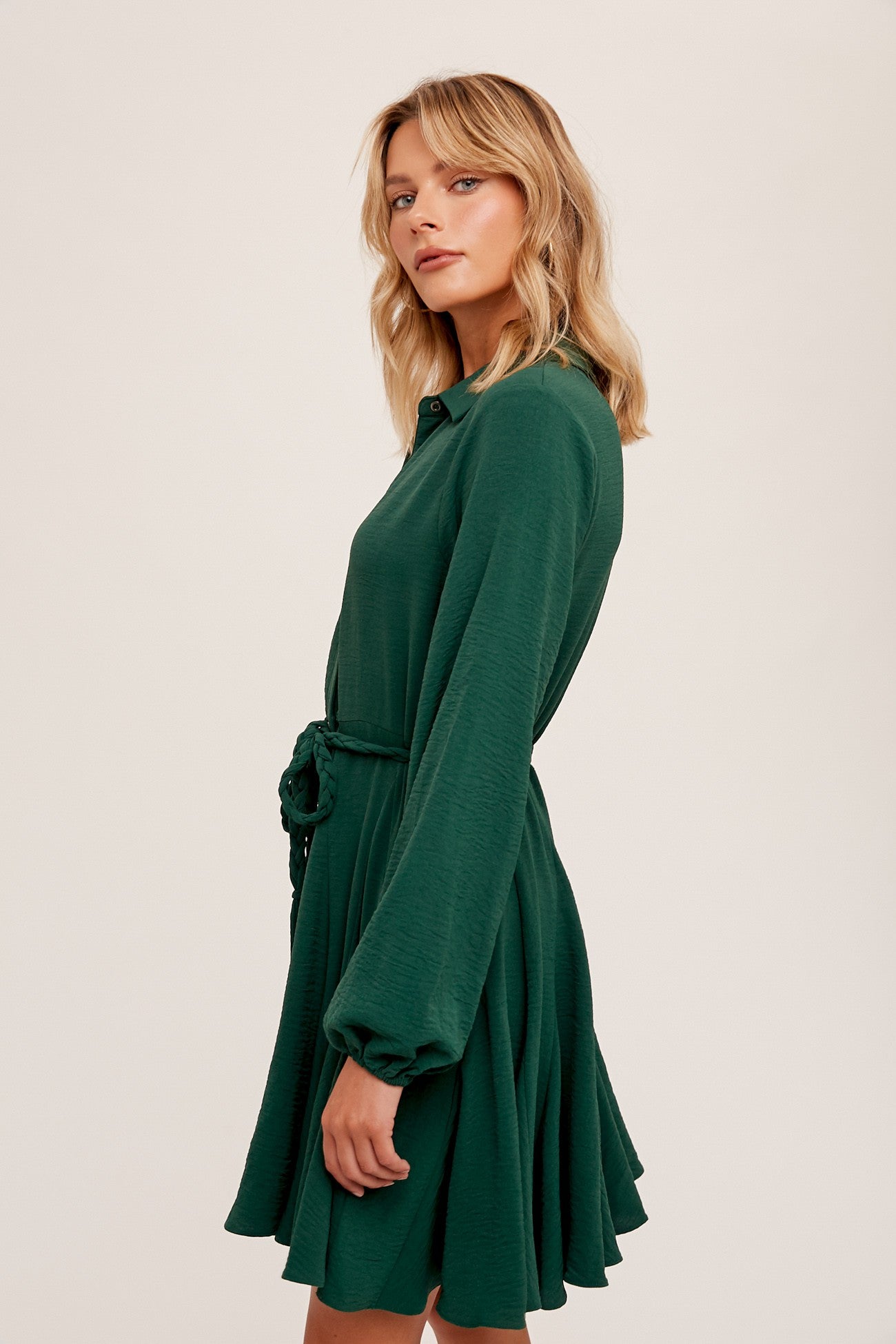 Green Woven Flounced Hem Belted Shirt Dress PinkBlush Green Woven Flounced Hem Belted Shirt Dress PinkBlush