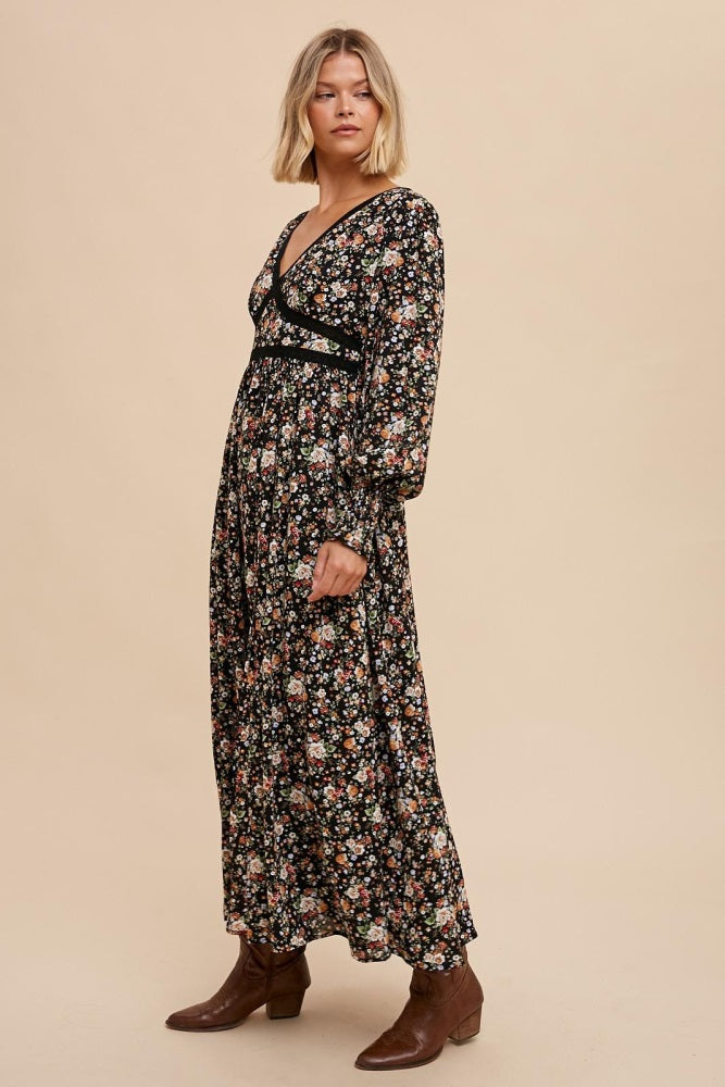 black floral v neck maxi dress Smocked Waist Floral Maxi Dress with V Neck and Puff Sleeves