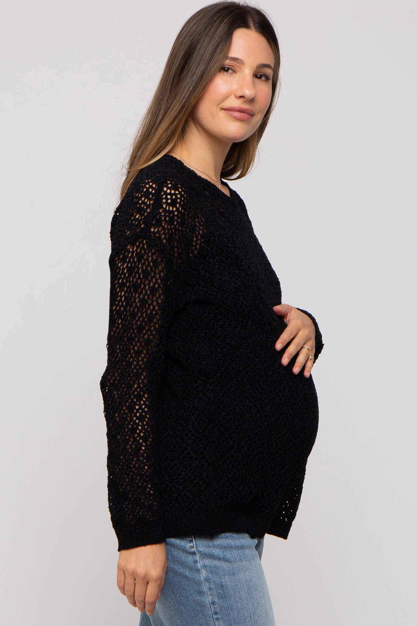 Black Chenille Open Knit Maternity Sweater