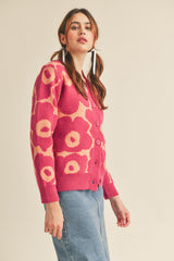 Fuchsia Coral Floral Knit Sweater Cardigan