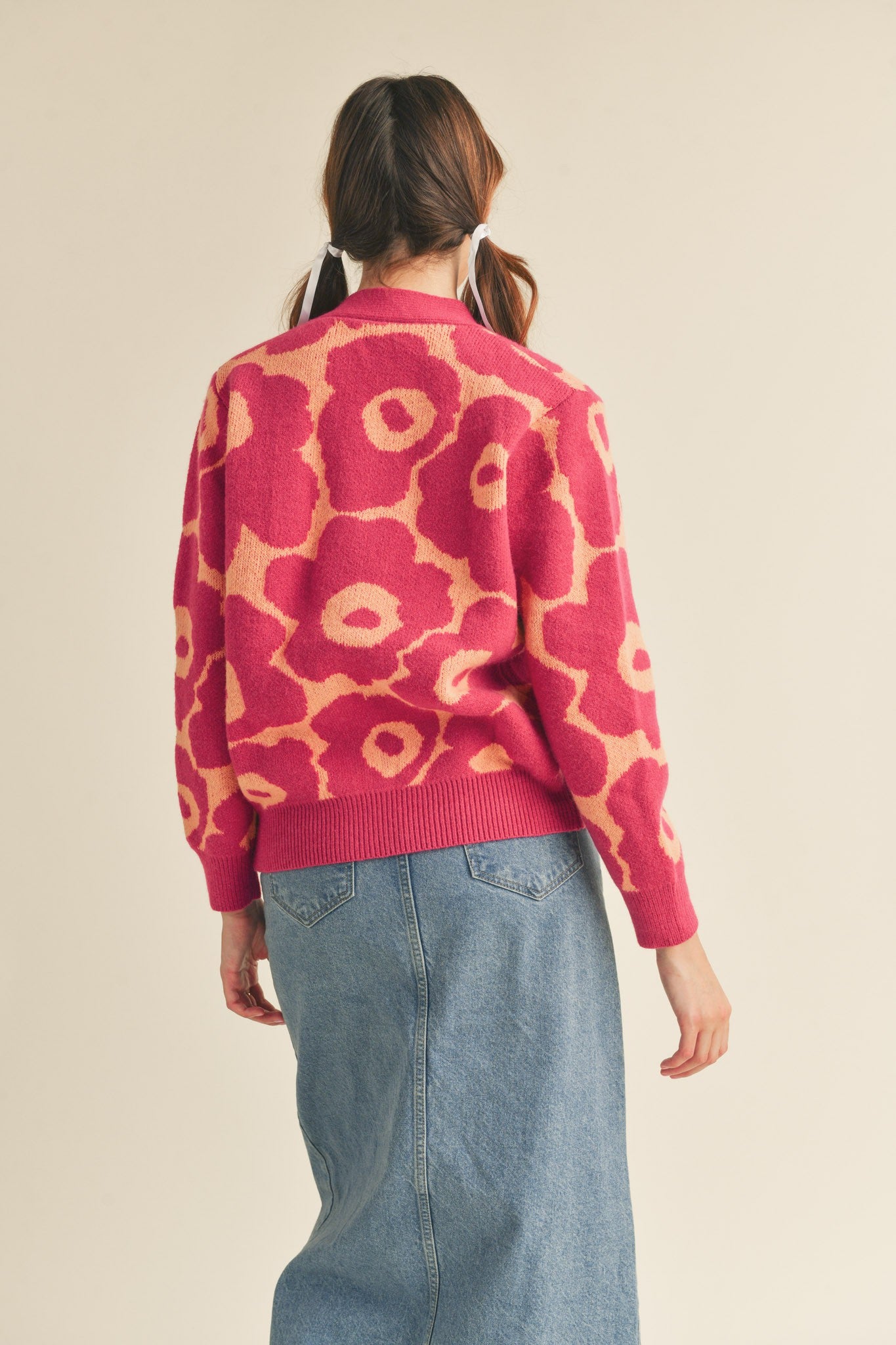 Fuchsia Coral Floral Knit Sweater Cardigan