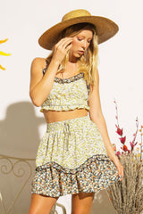 Yellow Navy Floral Print Crop Top And Tiered Skirt Set