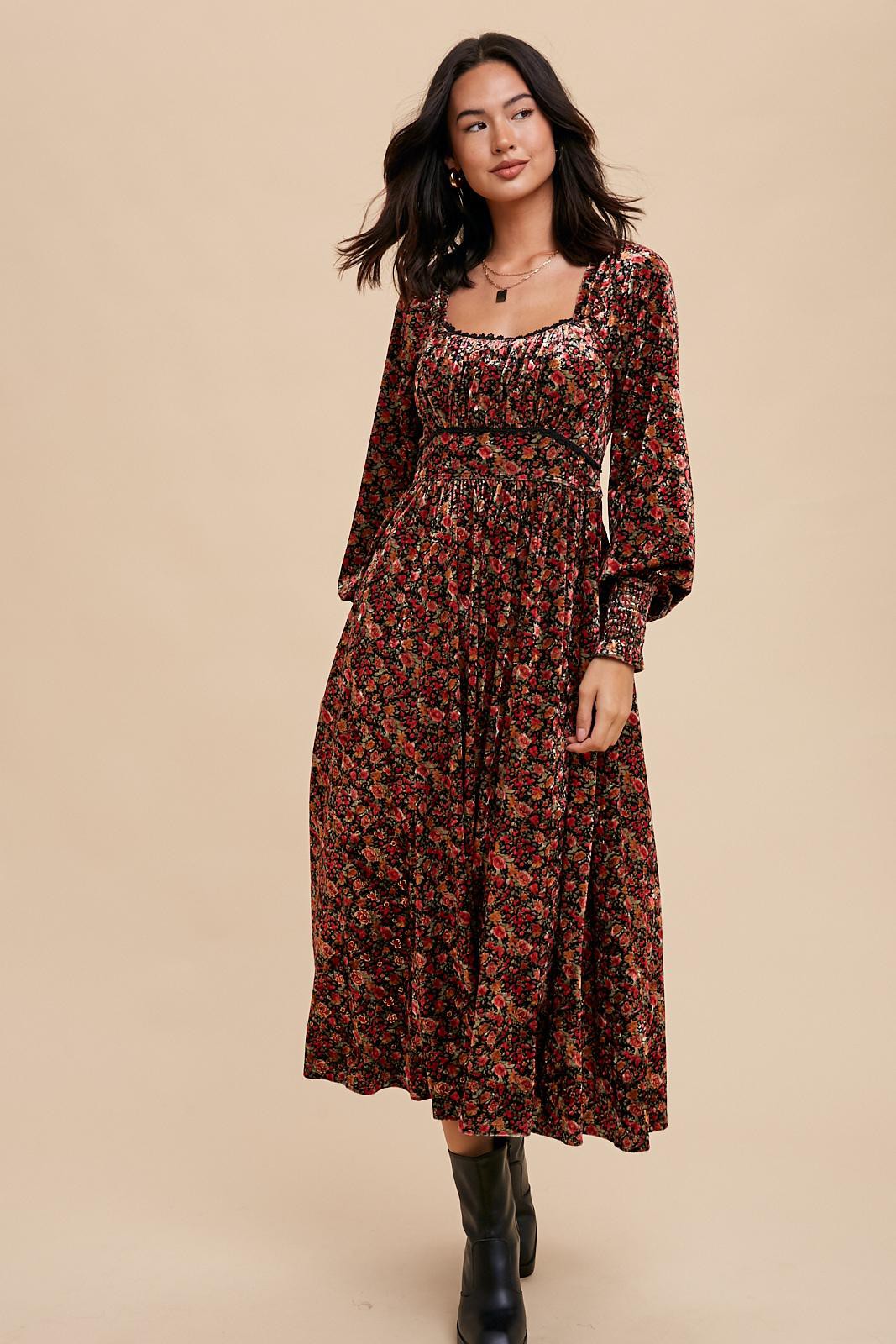 black floral velvet dress Black Floral Velvet Square Neck Midi Dress – PinkBlush