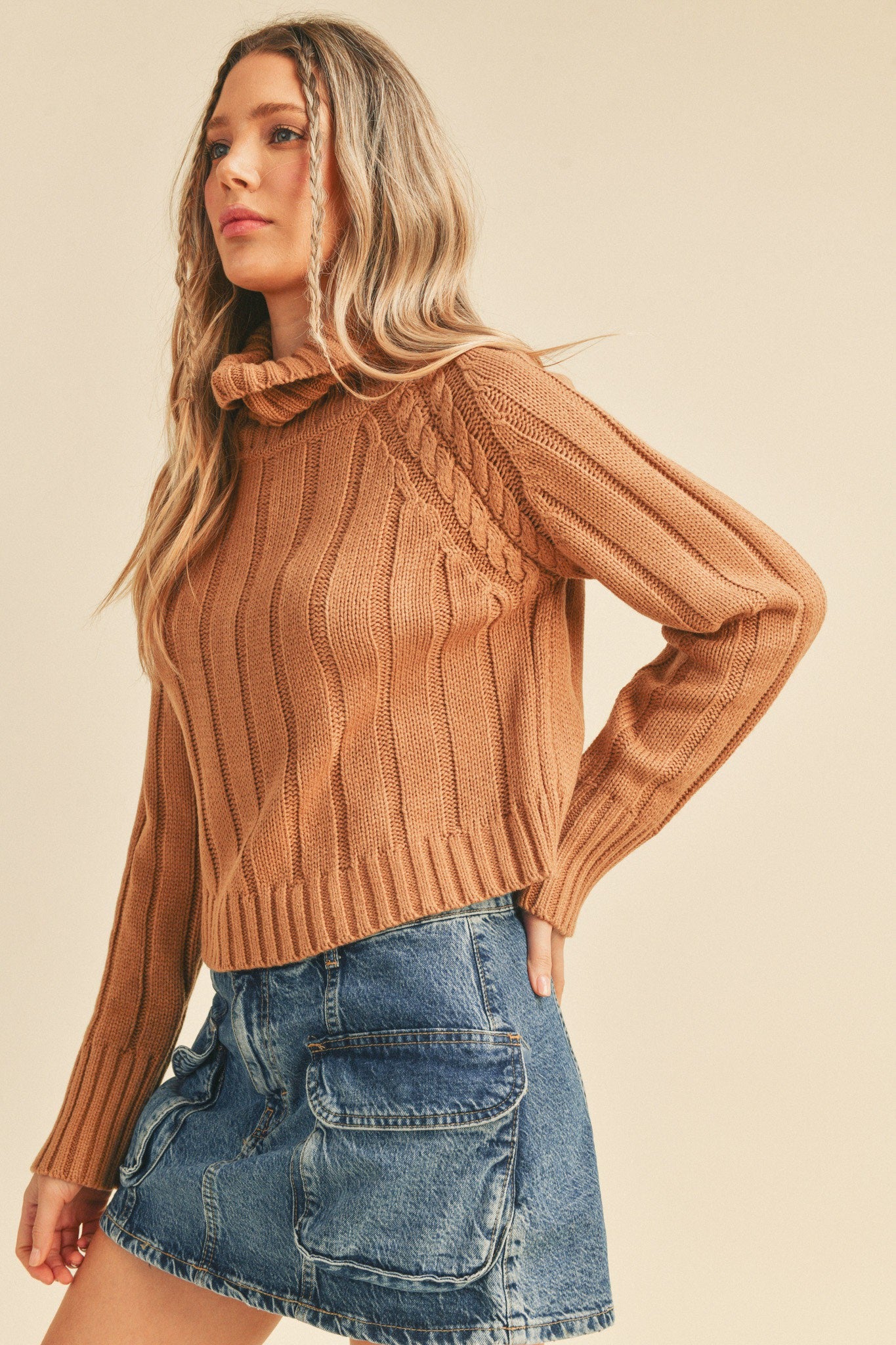 Beige Taupe Cable Knit Turtleneck Sweater