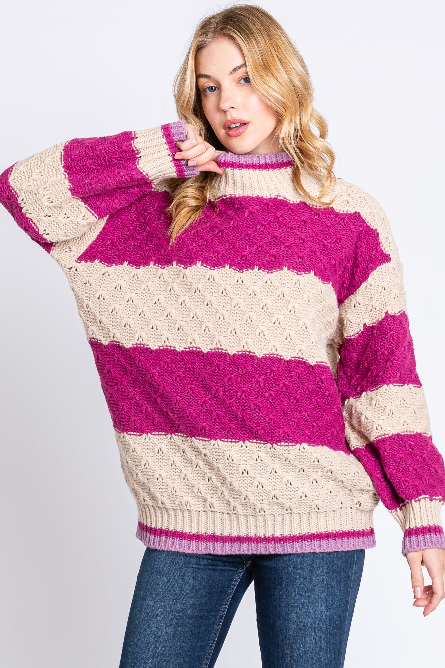 Magenta Striped Mock Neck Sweater