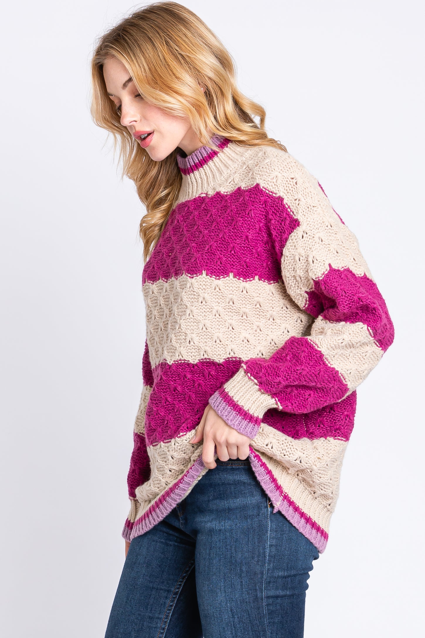 Magenta Striped Mock Neck Sweater