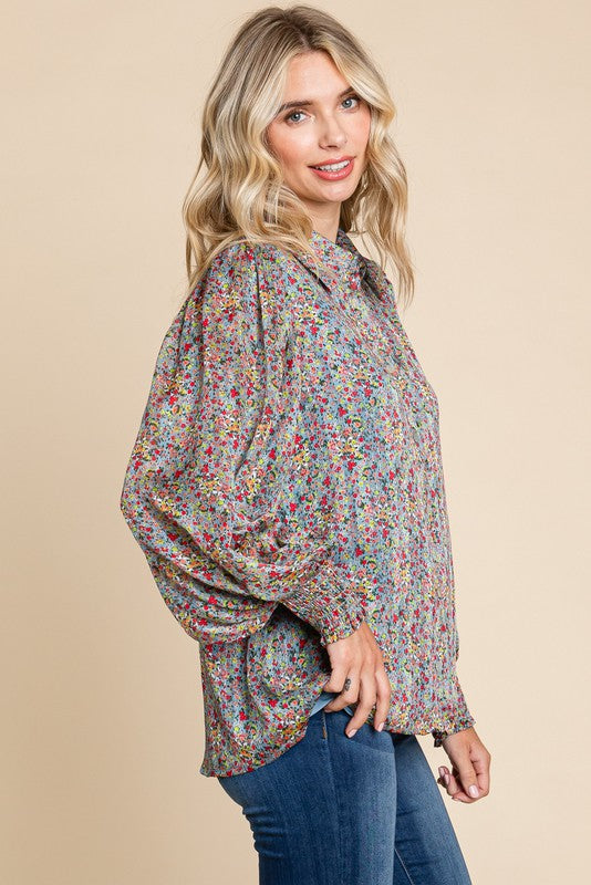 Red Mix Floral Satin Long Peasant Sleeves Top