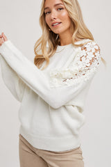 White Crochet Lace Shoulder Maternity Sweater