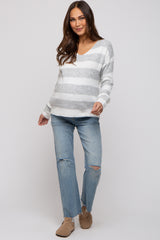 Grey Striped V-Neck Maternity Sweater
