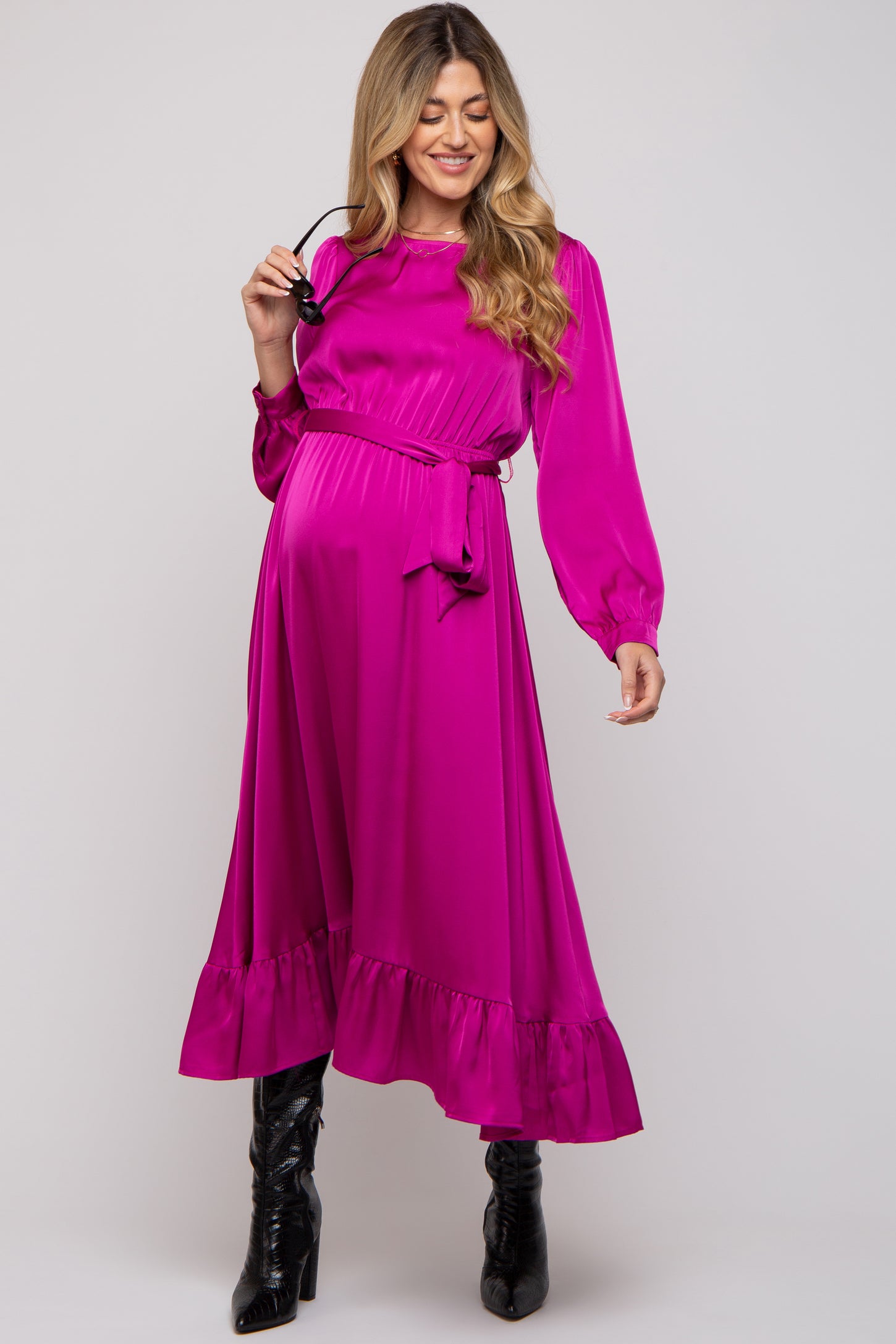 satin belted midi dress LAPOINTE Lightweight Satin Belted Dress