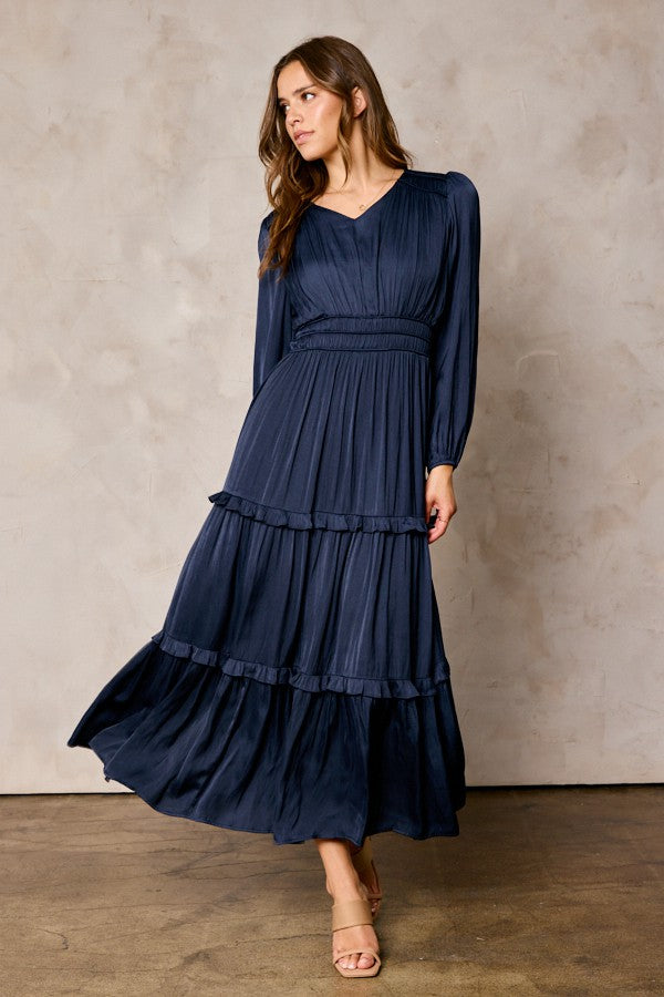 Navy Ruffle Detail Satin Dress
