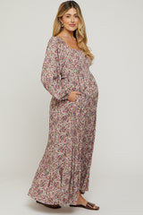 Mauve Floral Long Sleeve Maternity Maxi Dress