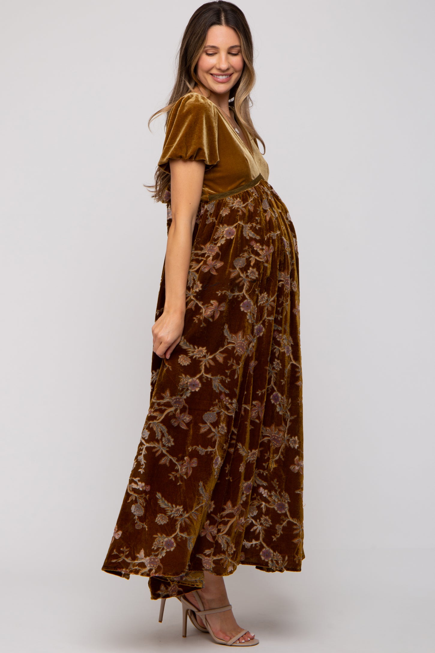 Camel Floral Burnout Velvet Maternity Maxi Dress PinkBlush Camel Floral Burnout Velvet Maternity Maxi Dress PinkBlush