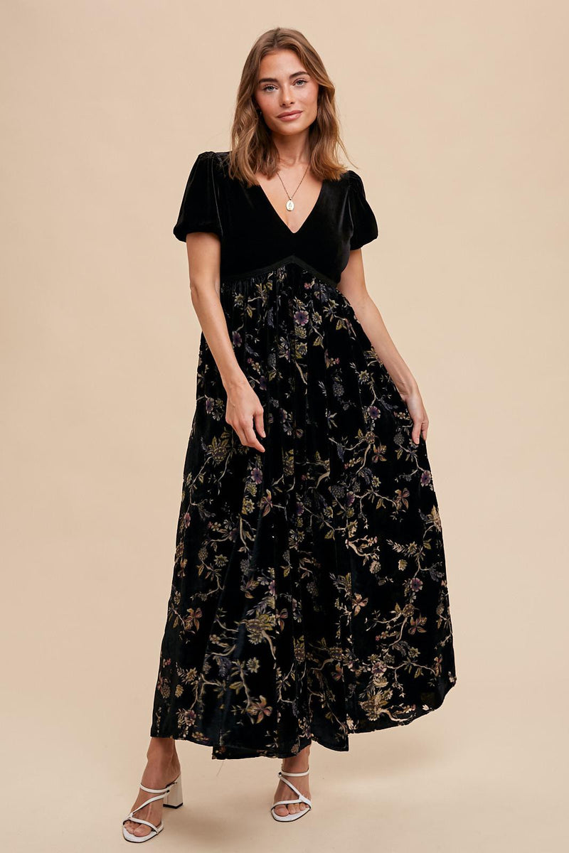 Black Floral Burnout Velvet Maxi Dress – PinkBlush