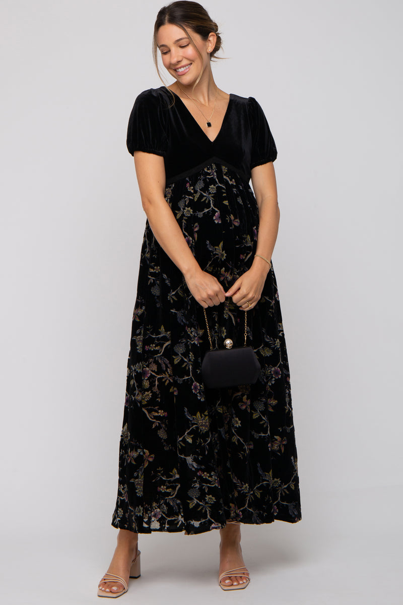 Black Floral Burnout Velvet Maternity Maxi Dress– PinkBlush
