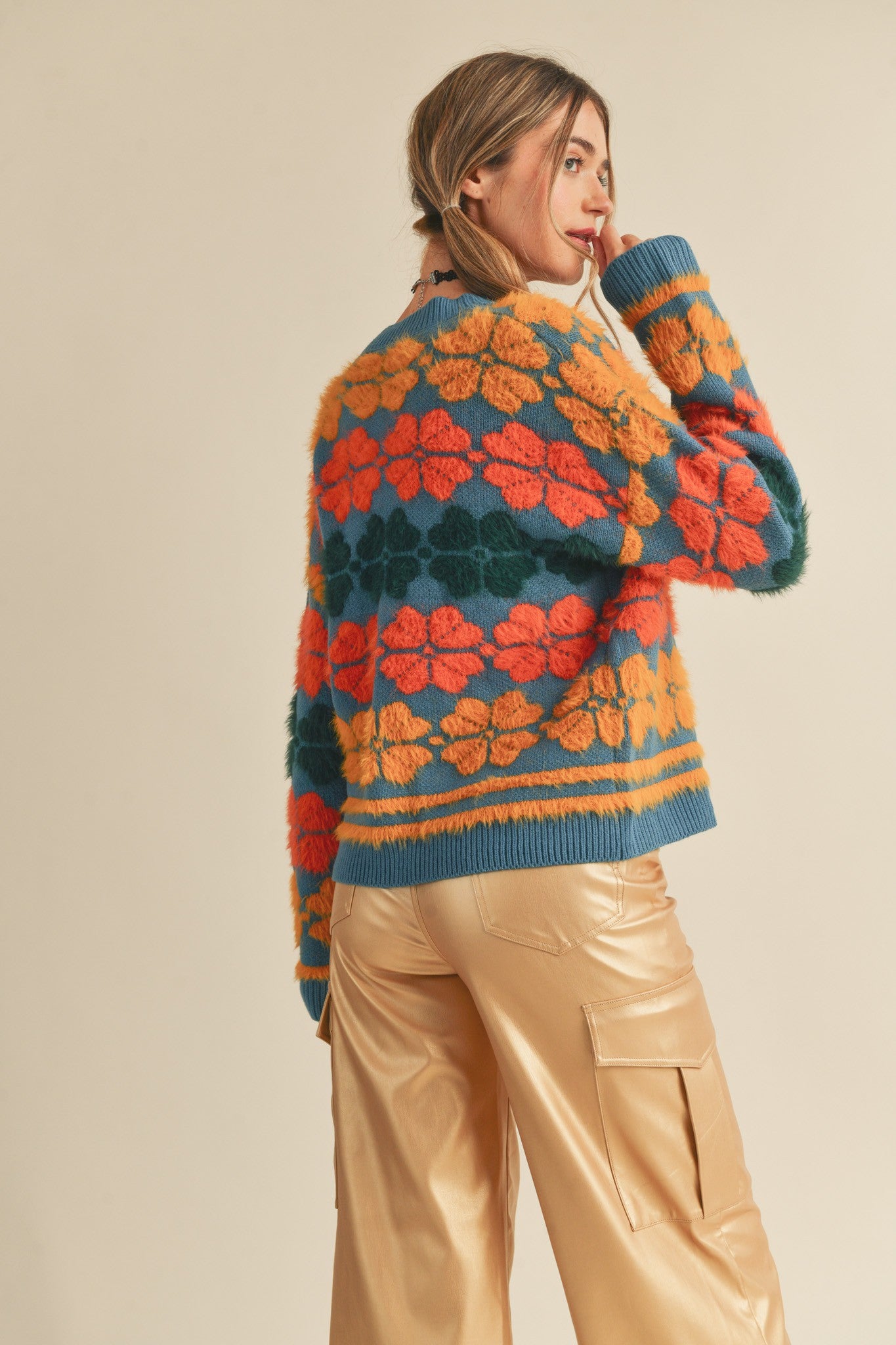Dark Teal Multi Shaggy Knit Floral Sweater Cardigan– PinkBlush