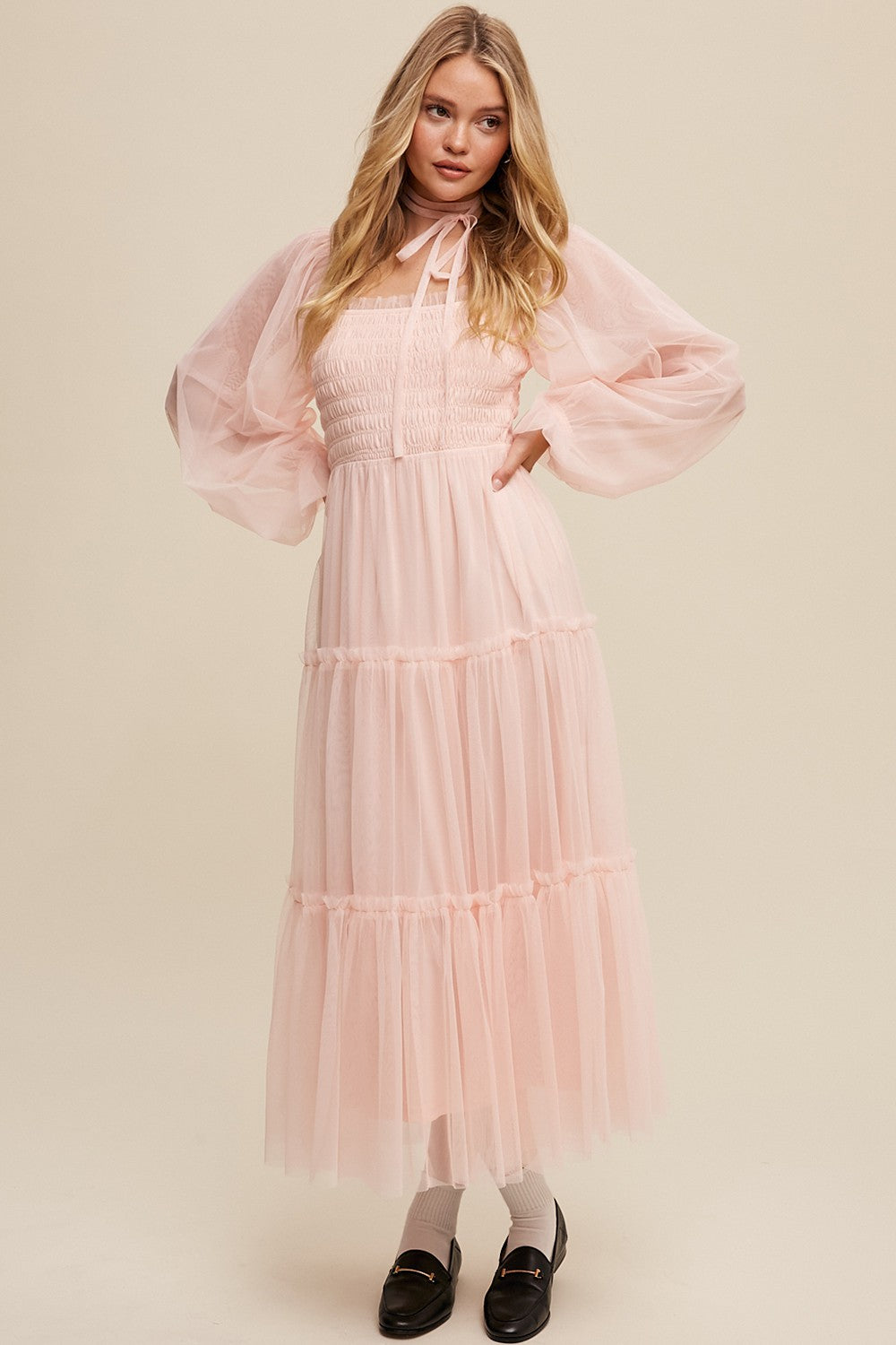 Light Pink Mesh Tiered Long Sleeve Maxi Dress – PinkBlush