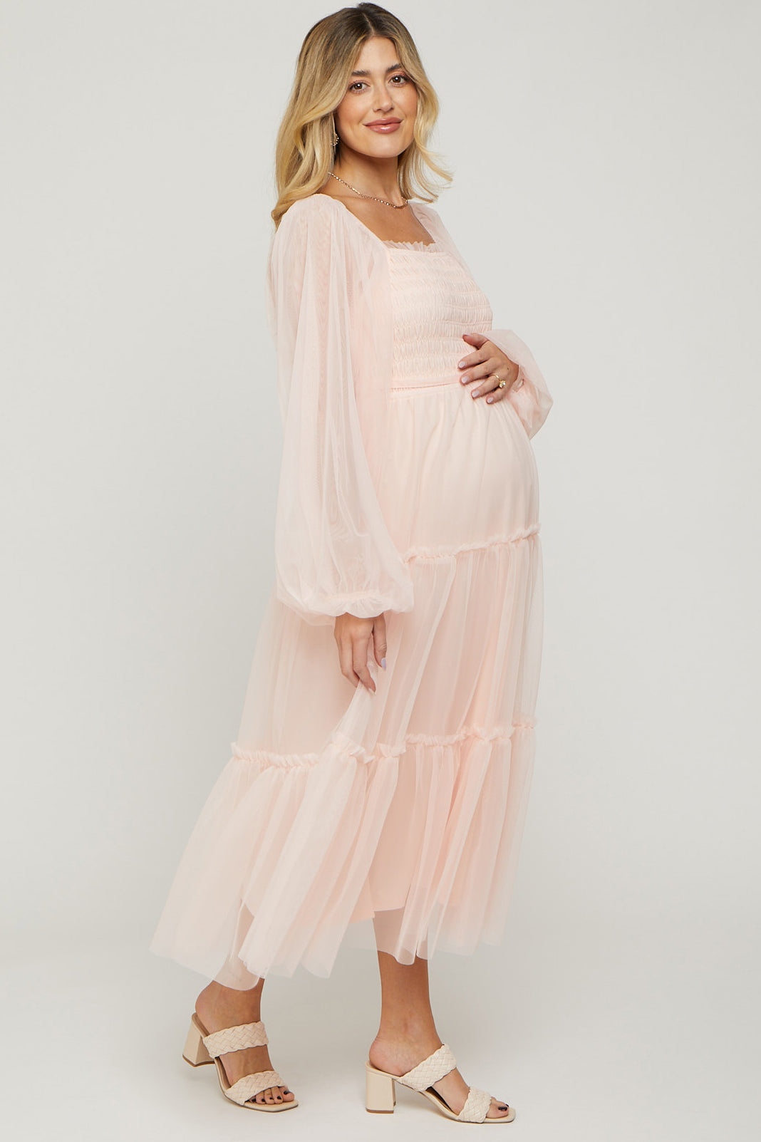long light pink dress with sleeves Light Pink Mesh Tiered Long Sleeve Maternity Maxi Dress – PinkBlush
