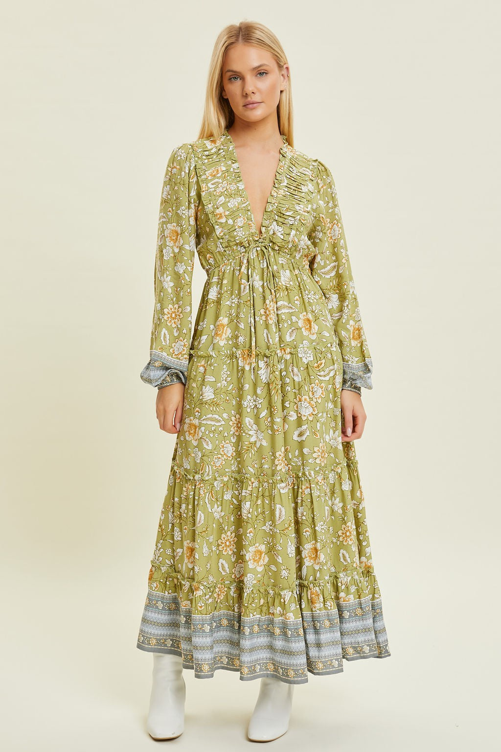 Light Green Floral Deep V-Neck Long Sleeve Midi Dress – PinkBlush