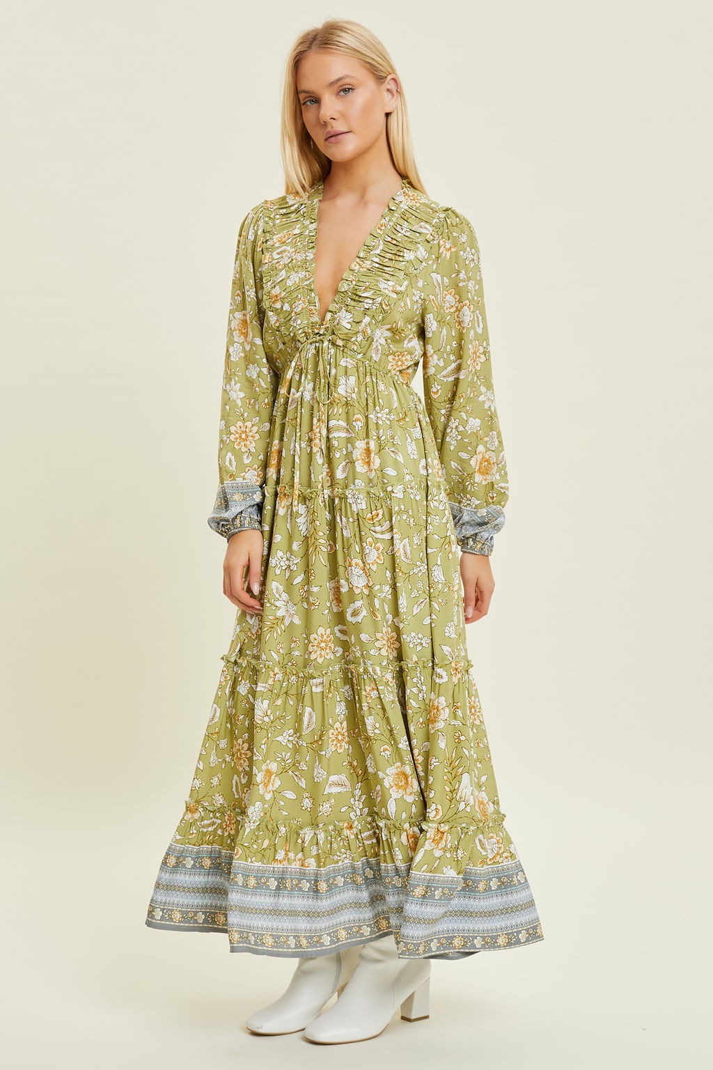 Light Green Floral Deep V-Neck Long Sleeve Midi Dress PinkBlush Light Green Floral Deep V-Neck Long Sleeve Midi Dress PinkBlush