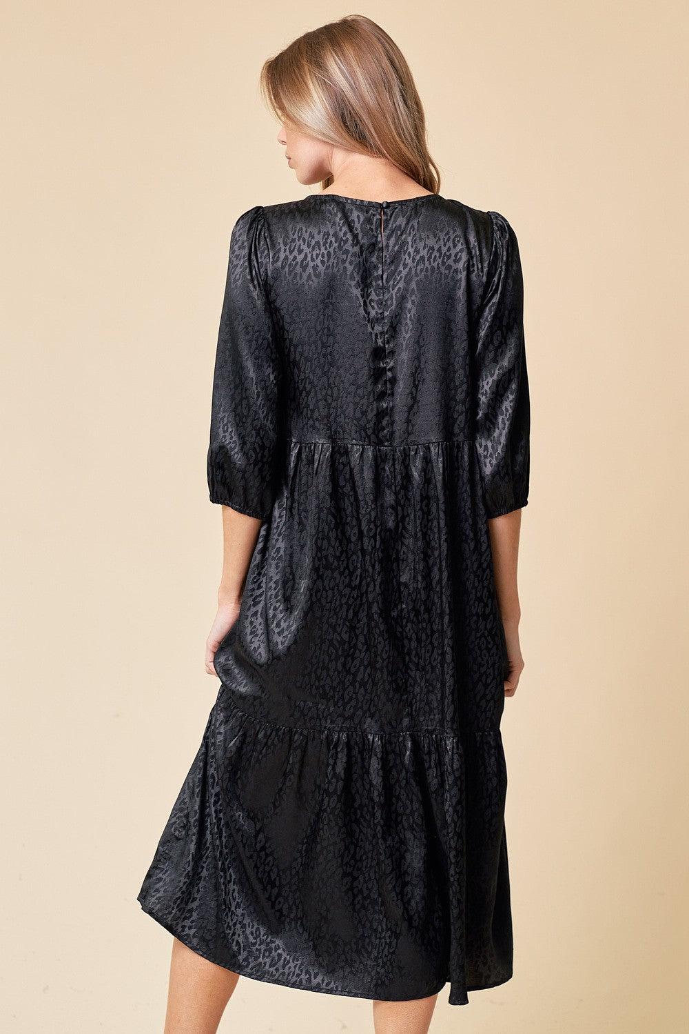 Black 3/4 Sleeve Tiered Midi Dress PinkBlush Black 3/4 Sleeve Tiered Midi Dress PinkBlush