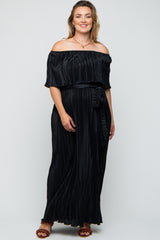 Black Plisse Off Shoulder Maternity Plus Maxi Dress