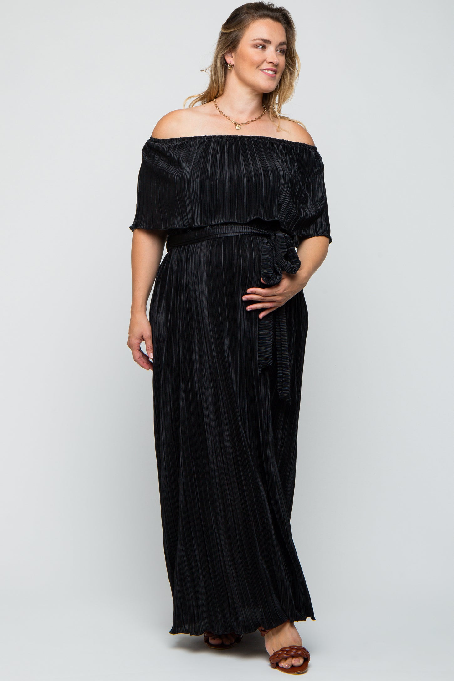 black off shoulder plus size dress Black Plisse Off Shoulder Maternity Plus Maxi Dress – PinkBlush