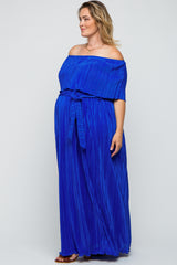Royal Blue Plisse Off Shoulder Maternity Plus Maxi Dress