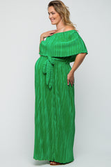 Green Plisse Off Shoulder Maternity Plus Maxi Dress