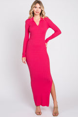 Pink Rib Knit Collared Maxi Dress