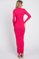 Pink Rib Knit Collared Maxi Dress