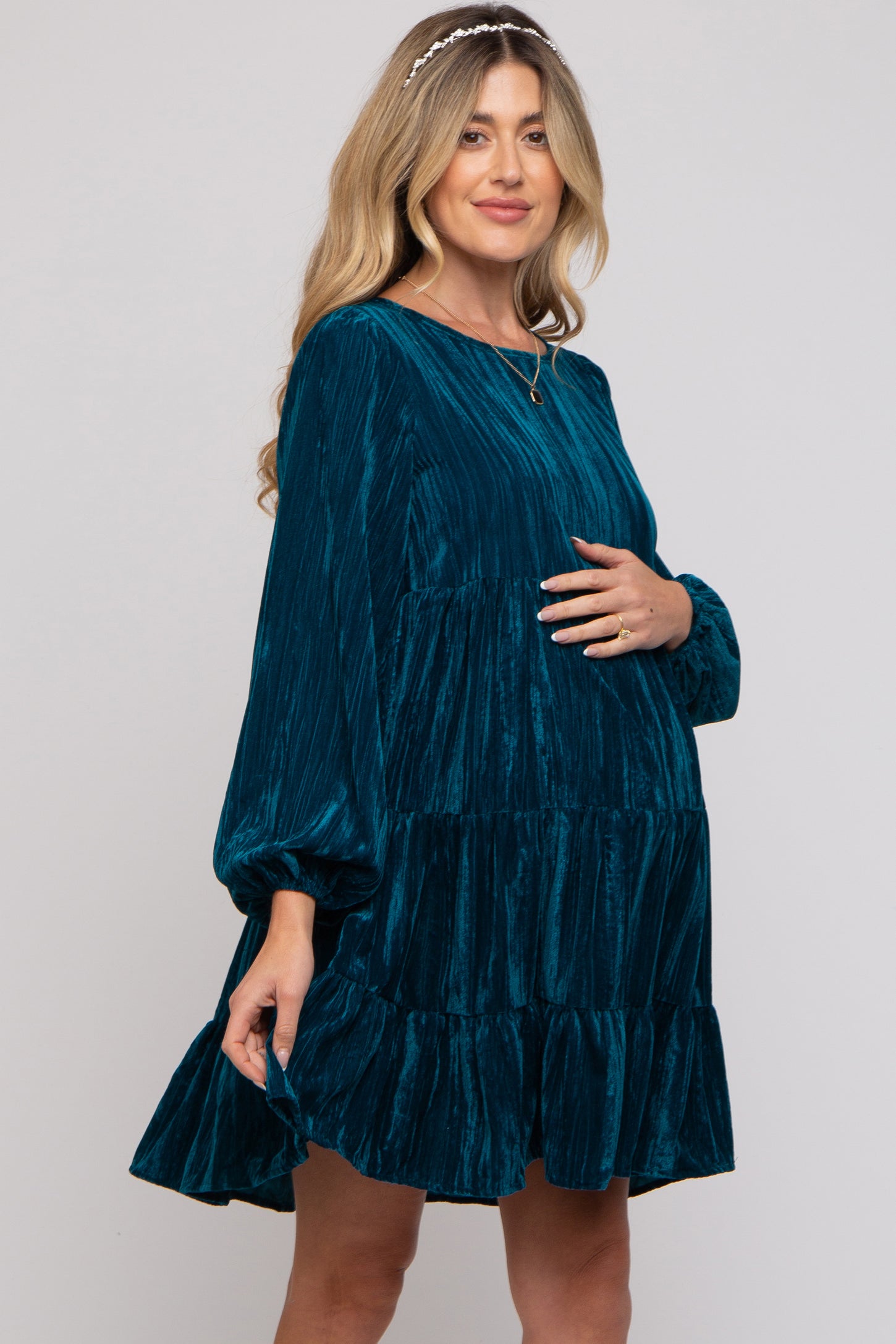 Teal Velvet Tiered Long Sleeve Maternity Dress – PinkBlush
