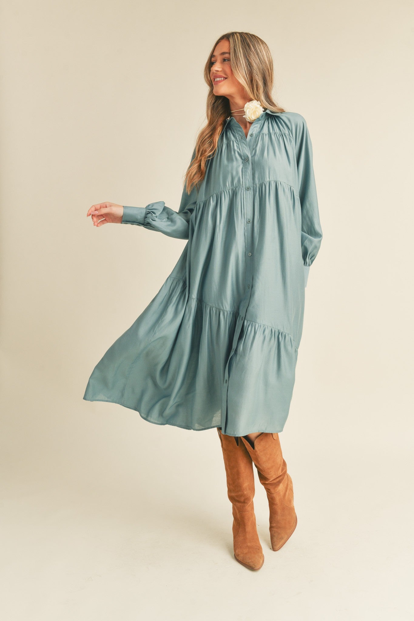 Dusty Sage Blue Button Down Tiered Midi Dress PinkBlush Dusty Sage Blue Button Down Tiered Midi Dress PinkBlush