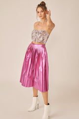 Metallic Pink Pleated Midi Skirt With Zipper