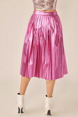 Metallic Pink Pleated Midi Skirt With Zipper