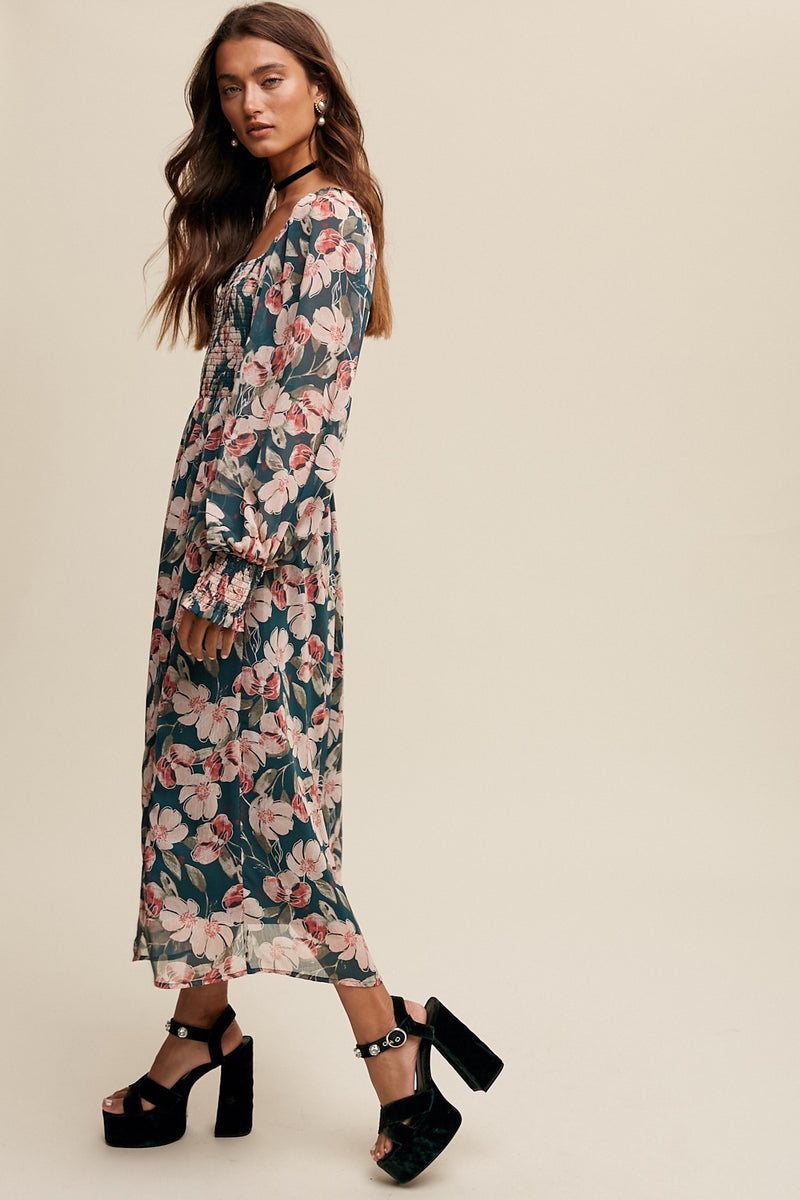 Hunter Green Floral Print Smocked Square Neck Maxi Dress PinkBlush Hunter Green Floral Print Smocked Square Neck Maxi Dress PinkBlush